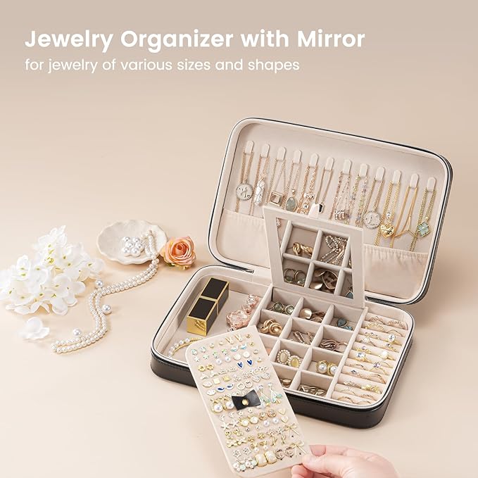 Lolalet Travel Jewelry Case for Women, Travel Jewelry Organizer Box with Mirror & Clear Storage Bag, Small Portable Traveling Earring Necklace Bracelet Ring Case, Bridesmaid Gifts -Large, Black