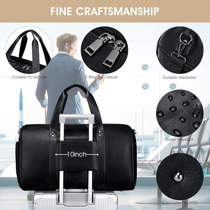 Wogarl 3PCS Leather Weekender Bag for Women Men Large Overnight Bag Travel Duffel Bag with Shoe Compartment Toiletry Packing Cube Carry On Bag Fit 21"" Laptop(Black), YT042