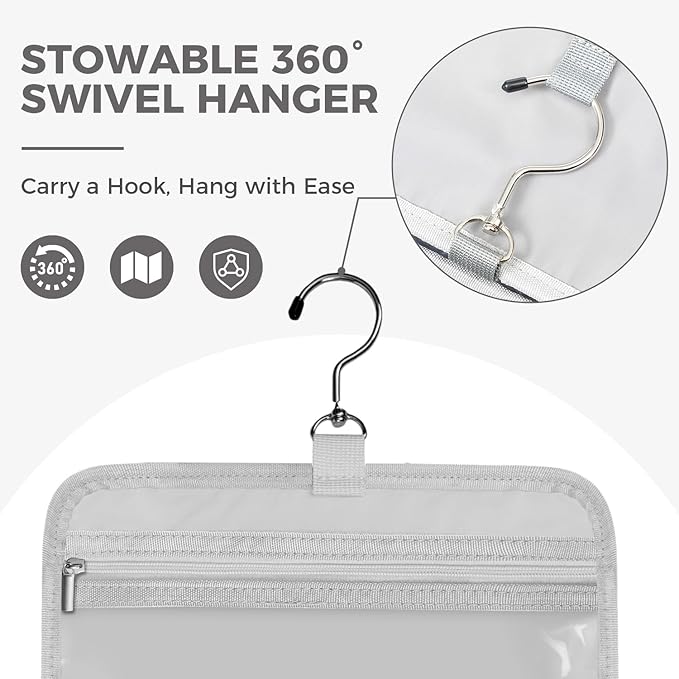 Toiletry Bag For women,Portable Hanging Organizer,4 Leakproof Compartment for full-sized Conditioner, Brushes Set, Makeup Accessories,Visible and easy to access.M-grey