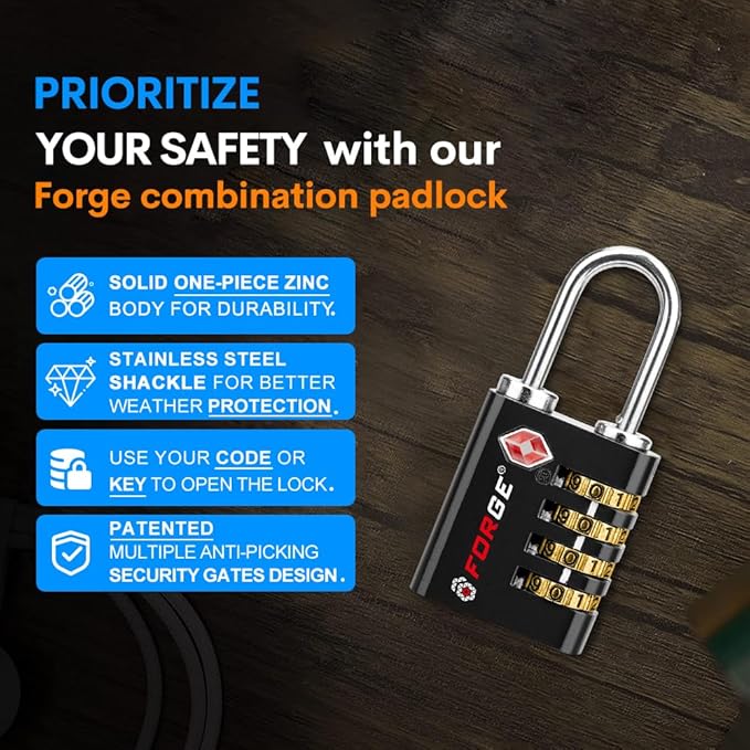 Forge Dual-Opening: Key or Combination Access Lock, TSA Approved Locks for Luggage, Pelican case, Travel, Gym, School, Stainless Steel Shackle. (Black 2 Pk)