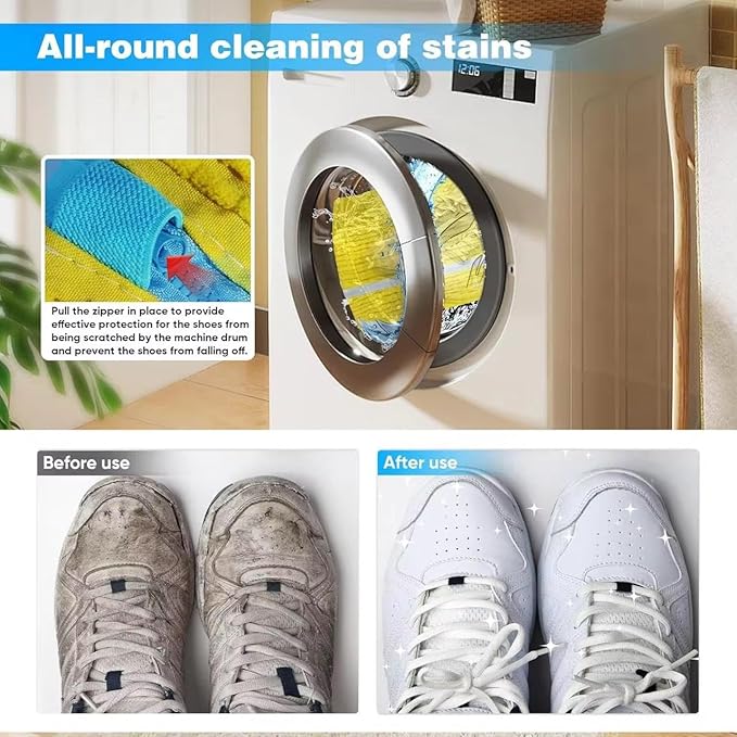 2-Pack Shoe Laundry Bags for Washer & Dryer – Reusable Sneaker laundry Bag with 360° Microfiber Cushion – Anti-Deform, Tear-Resistant, Foldable shoe washing machine bag, 39x19cm – Yellow