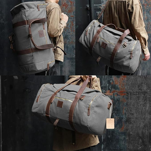 60L Travel Bags for Men, Nomad Canvas Duffle Bag Vintage Genuine Leather Travel Duffel Bag Multifunctional Weekender Overnight Backpack with Shoes Compartment (Grey, X Large-60L)