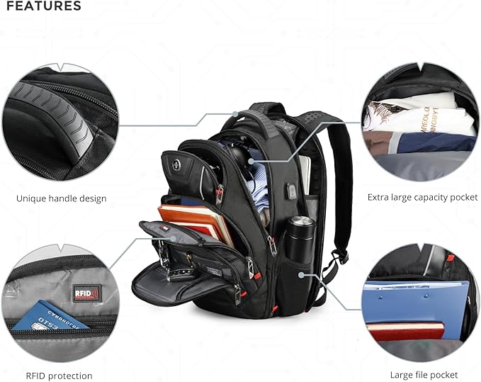 Swissdigital Design Men's Laptop Backpack for College and Business Travel with Integrated USB Charging Port and RFID Protection Fits Laptops up to 15.6 in, Black | J14-BR