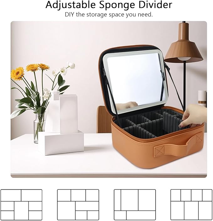 Travel Makeup Bag with LED Mirror Travel Makeup Organizer with 3 Lighted Settings, Adjustable Dividers and Makeup Brush Storage Bag Caramel