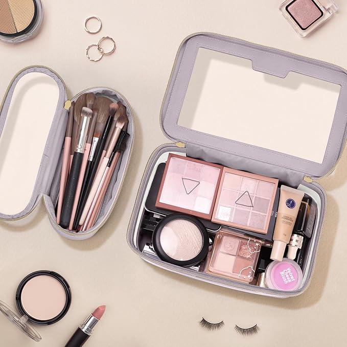 Travel Clear Makeup Bag with Makeup Brush Bag, Leather Makeup Case Toiletry Bag, Portable Cosmetic Bag Case, Transparent Waterproof Cosmetic Organizer Storage Bag for Women, Purple