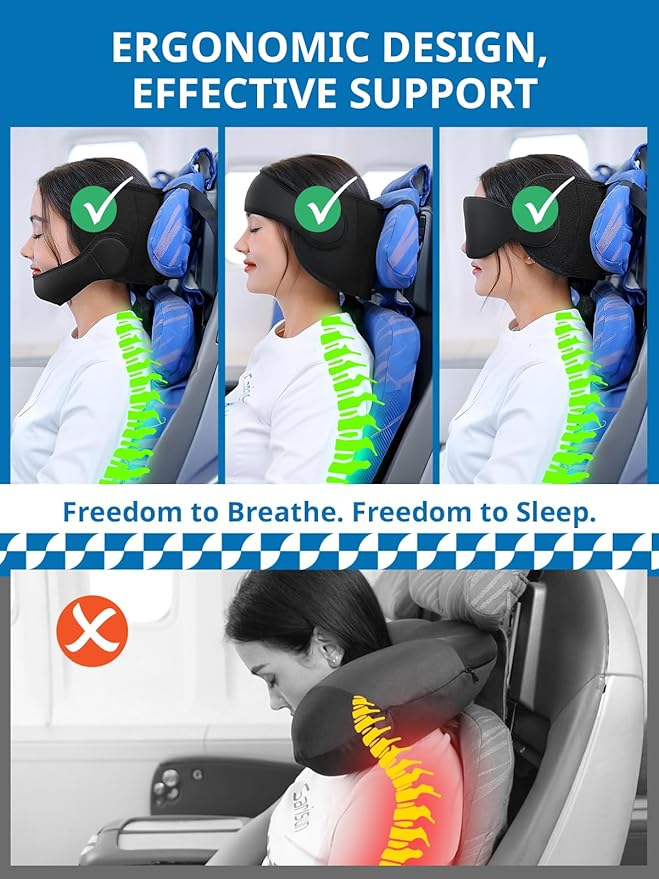 Travel Pillow Combo with Chin Strap, Airplane Pillows with 3D Eye Mask for Sleeping, 360° Support Plane Head Strap for All Plane Seats, Long Flights Essentials, Stop Bobblehead, Pink