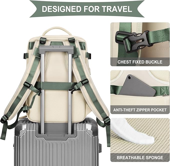 coowoz Large Travel Backpack For Women Men,Carry On Backpack,Hiking Backpacks Waterproof Outdoor Sports Rucksack Casual Daypack travel essentials（White Green）