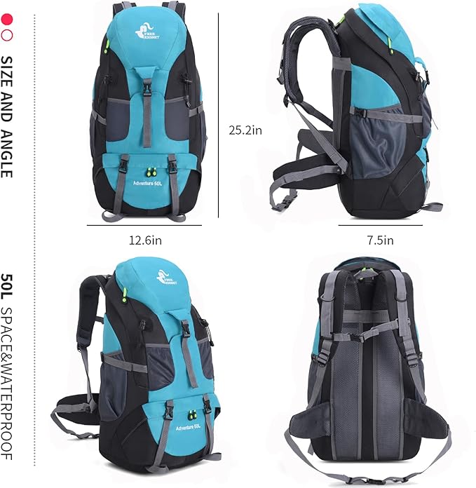Bseash 50L Hiking Backpack, Water Resistant Lightweight Outdoor Sport Daypack Travel Bag for Camping Climbing Skiing Cycling (Lake Green - No Shoe Compartment)