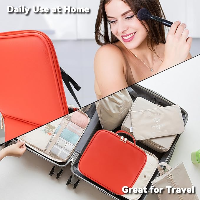 Travel Makeup Bag with LED Mirror and 10x magnifying glass with 3 Lighted Settings, Adjustable Dividers and Makeup Brush Storage Bag Red