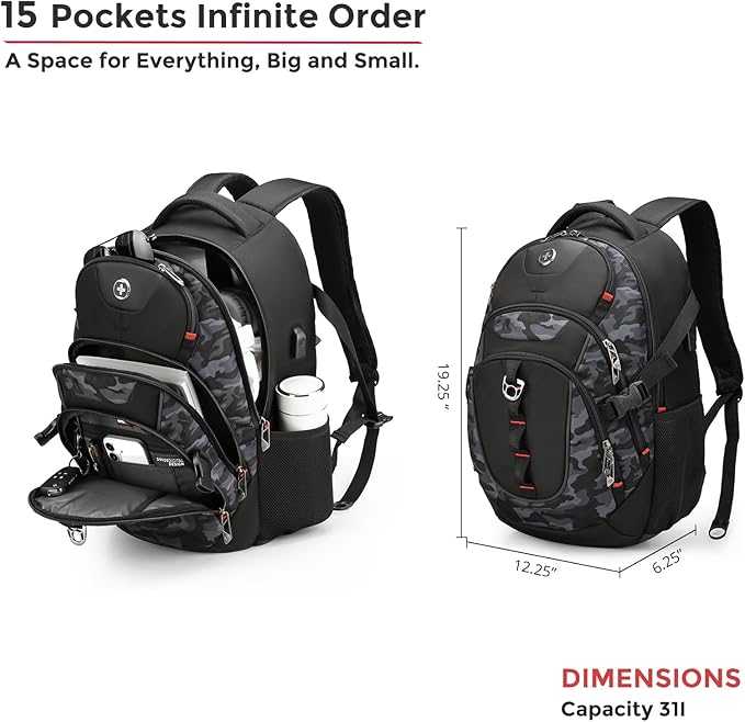 Swissdigital Design Laptop Backpack with USB Charging Port, TSA Travel Backpack Fits 15.6 inches Computer, 31L College School Backpack for Men, Gray Camo | SD803