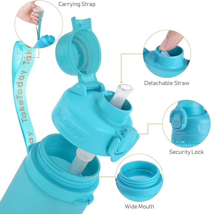 TakeToday Collapsible Water Bottles 20oz, Leak Proof, BPA-Free, Foldable Silicone Travel Water Bottle with Straw Strap for Cycling, Hiking, Outdoors