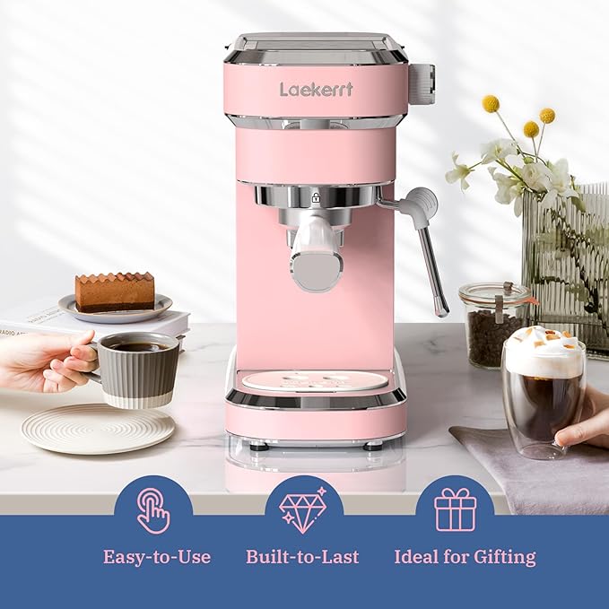 Laekerrt Professional Espresso Machine 20 Bar, Espresso Maker with Milk Frother Steam Wand, Stainless Steel Home Coffee Machines for Cappuccino and Latte, Gift for Women Wife Daughter or Mom, Pink