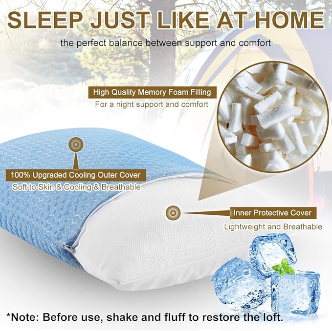 Ivellow Travel Pillow Cooling Camping Pillow for Sleeping Compressible Shredded Memory Foam Pillow Compact Firm Supportive Pillow for Adults Kids Outdoor Backpacking Hiking Essential Gear Blue S