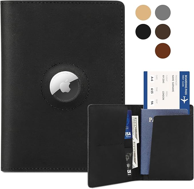 Airtag Passport Holder for Men and Women Travel, Real Leather Passport Wallet, Handmade Passport Cover Case with Airtag Slot, Travel Must Haves Essentials Accessories Birthday Gifts(Crazy Horse,Black)