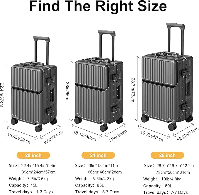2-Piece Hardshell Zipperless Luggage Set, 20/26" Aluminum Frame Hardshell Spinner Luggage, Airline Approved Carry-On Luggage, TSA Lock, 360° Quiet Wheels With Cup Holder (grey)