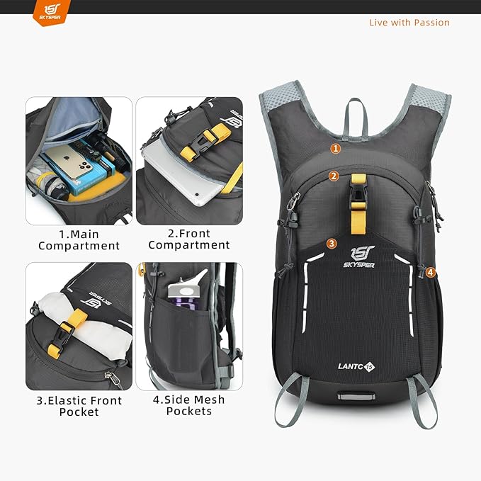 SKYSPER Small Hiking Backpack - 15L Travel Daypack Lightweight Bag Water Resistant Hiking Backpacks for Women Men