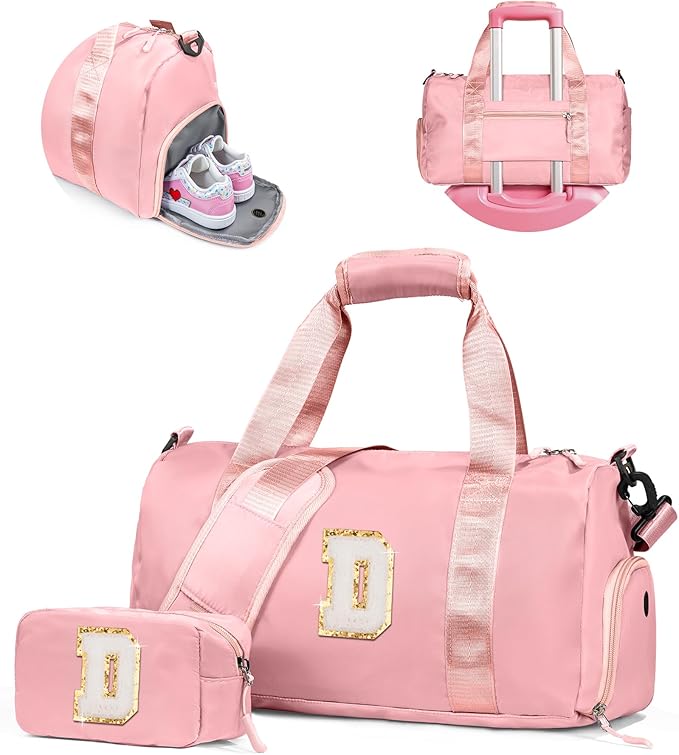 Cute Preppy Gifts for Girls-Girl Gym Bag with Shoe Compartment, Kid Personalized Weekender Overnight Bags, Initial Travel Tote with Makeup Pouch, Chenille Gift for Teen (Letter D)