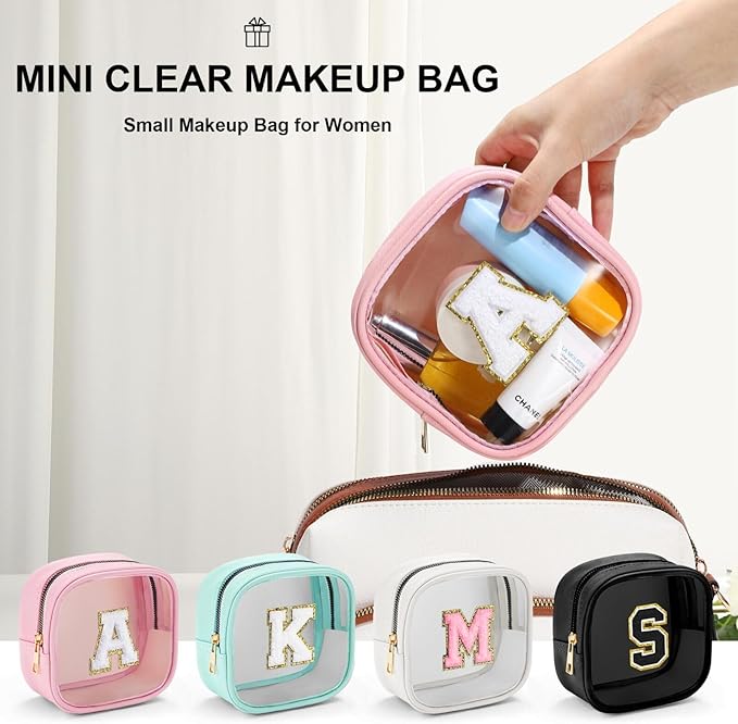 YOOLIFE Initial Makeup Bag Travel Toiletry Bag, Clear Makeup Bag Car Accessories For Women Clear Makeup Bags With Zipper Girlfriend Teacher 10 Year Old Girl Gifts Daughter Girl Gifts Mini Black T