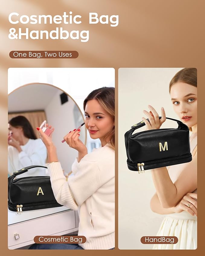 Birthday Gifts for Women, Personalized Makeup Bag with Handle, Initial Double Layer Cosmetic Bag with Makeup Brush Organizer, PU Leather Travel Toiletry Bag, Gifts for Friends Female Mom