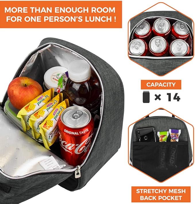 opux Lunch Box for Girls Boys Kids, Insulated Leakproof Lunch Bag, Reusable Teen Lunch Boxes for School, Medium Large lunchbox for Women Men Adult for Work with Front Back Pocket (Dark Gray)