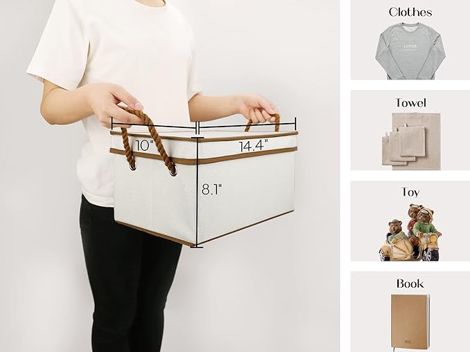 LoforHoney Home Fabric Storage Bins with Lids for Organizing, Foldable Closet Storage Boxes for Shelves, Clothes Baskets with Cotton Rope Handles, Large, Beige & Brown, 4-Pack