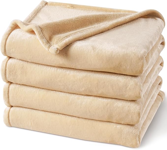 PHF Ultra Soft Fleece Blanket Queen Size, No Shed No Pilling Luxury Plush Cozy 300GSM Lightweight Blanket for Bed, Couch, Chair, Sofa Suitable for All Season, 90" x 90", Beige