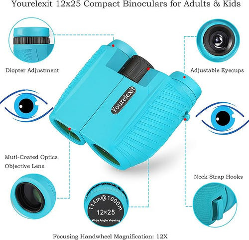 12x25 Compact Binoculars for Adults & Kids, High Powered Lightweight Waterproof Binoculars with Large Eyepiece, Low Light Vision for Bird Watching, Hunting, Travel, and Sightseeing