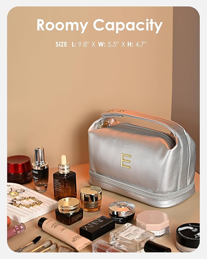 Gifts With Initials for Women, Personalized Makeup Bag with Handle, Initial Double Layer Cosmetic Bag with Makeup Brush Organizer, Cute Cosmetic Pouch for Women, Gifts for Friends Female