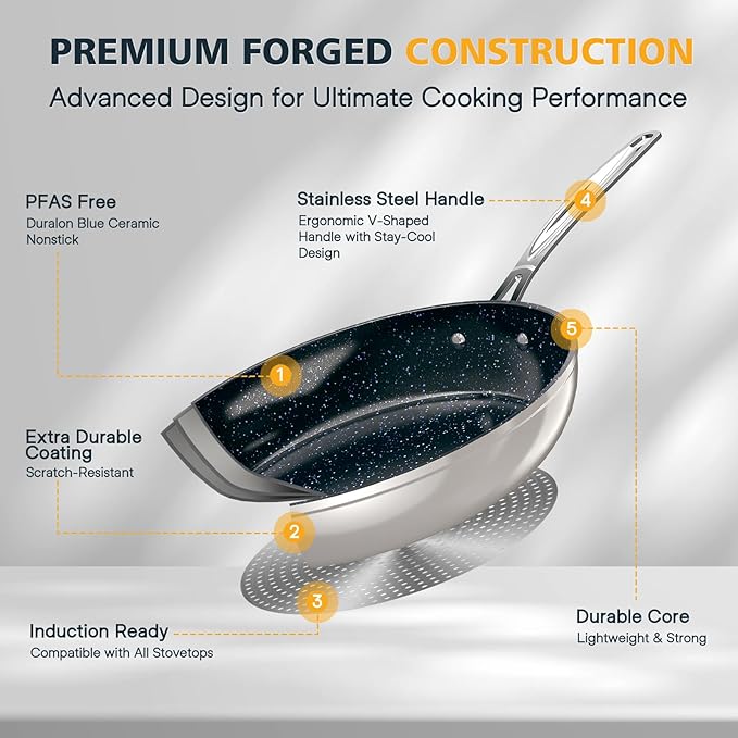 Nuwave 3-Piece 8”, 10”, 12” Forged Lightweight Frying Pan Set, G10 Healthy Duralon Blue Ceramic Ultra Non-Stick, Ergonomic Stay-Cool Handles, Induction-Ready & Works on All Cooktops