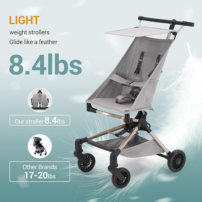 Jojoka Lightweight Stroller for Airplane,Compact Strollers for Travel,Foldable Toddler Pushchair with Carry Bag, Storage Basket, Rear Brakes, Adjustable Awning(Grey)