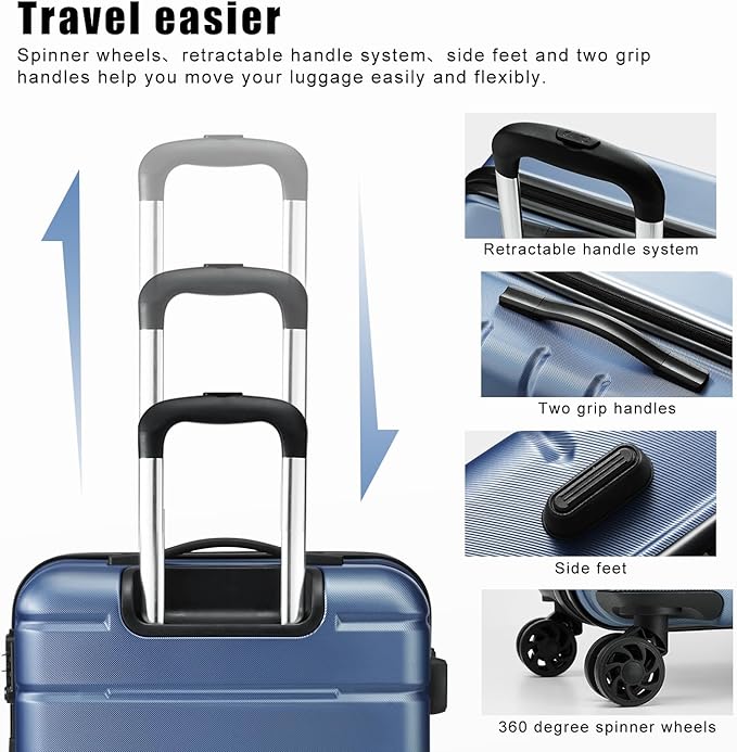 Coolife Luggage Suitcase Carry-on Spinner TSA Lock USB Port Expandable (only 28’’) Lightweight Hardside Luggage (Ice Blue, S(20in_carry on))
