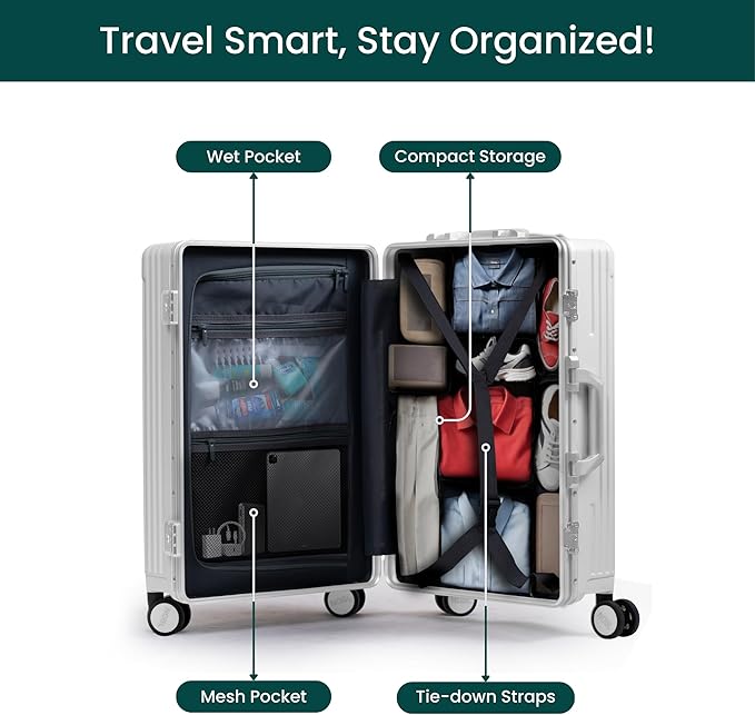 Nobl Travel Zipperless Check In Suitcase - Aluminum Frame, Check In luggage 30.2x20x12 Airline Approved by Noble Travel - Unbreakable Polycarbonate Shell - Dual TSA Locks, 360° Spinner Wheels - White