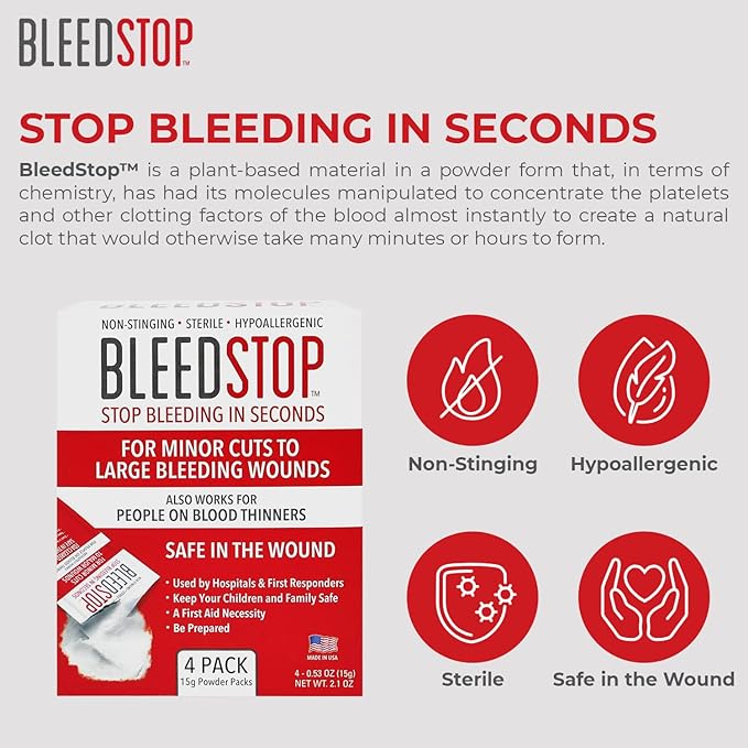 BleedStop First Aid Powder for Blood Clotting, Trauma Kit, Blood Thinner Patients, Camping Safety, and Survival Equipment for Moderate to Severe Bleeding Wounds or Nosebleeds 150 Gram