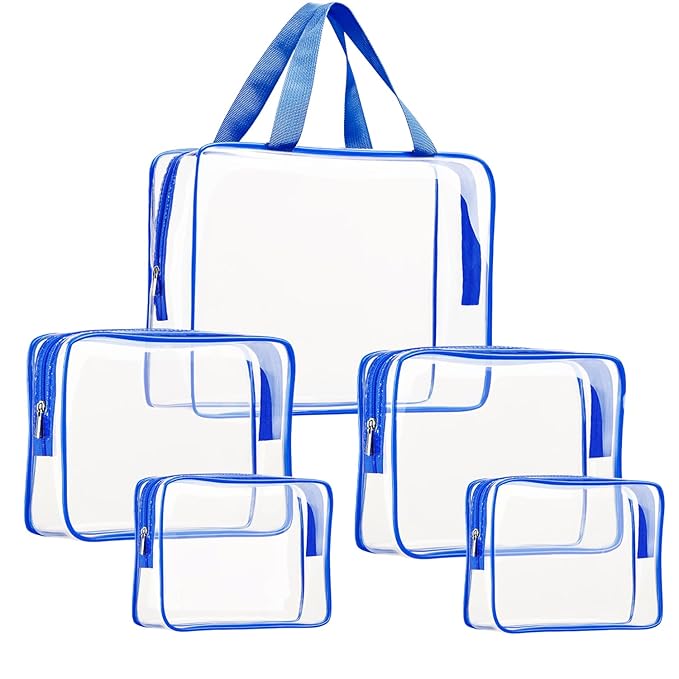 5Pcs Crystal Clear PVC Travel Toiletry Bag Kit for Women Men, Waterproof Vinyl Packing Organizer Storage Bags with Zipper Handle Straps, Cosmetic Pouch Carry on Airport Airline Compliant Bag Handbag