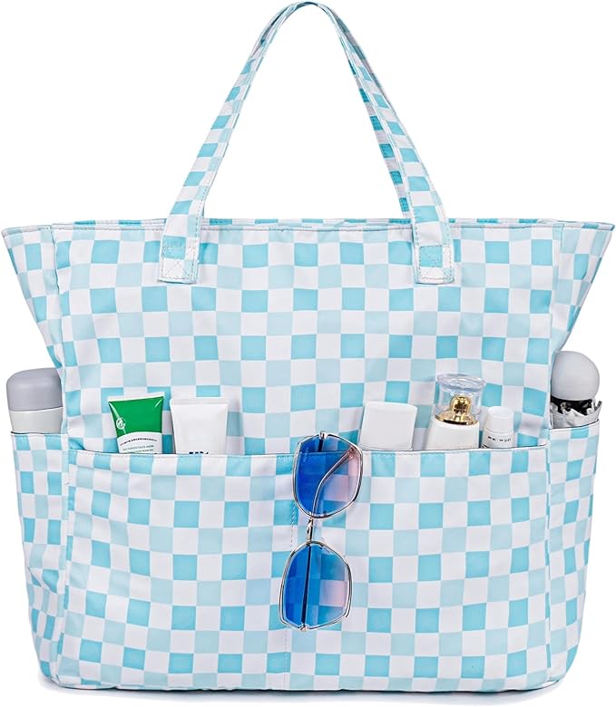 LEDAOU Large Beach Tote Bag Women Waterproof Sandproof Zipper Beach Tote Bag for Pool Gym Grocery Travel with Wet Pocket