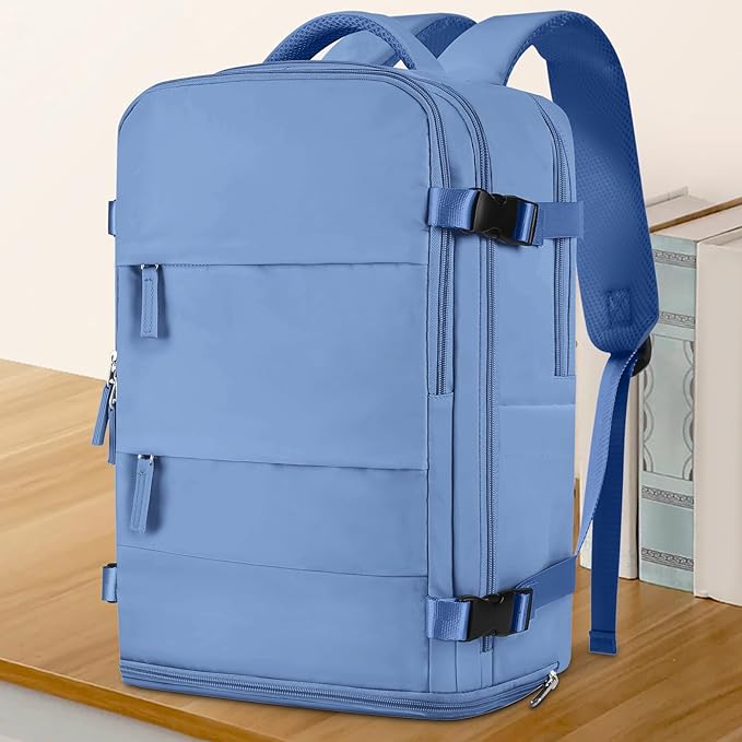 coowoz Large Travel Backpack For Women Men,Carry On Backpack Flight Approved,Hiking Backpack Outdoor Rucksack Casual Daypack Fit 15.6 Inch Laptop Shoes Compartment (Sky Blue L)
