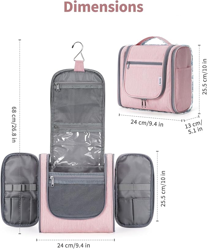 Narwey Hanging Toiletry Bag for Women Travel Makeup Bag Organizer Toiletries Bag for Cosmetics Essentials Accessories(Large, Pink)