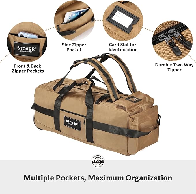 STOVER 80L Rolling Duffel Bag with Wheels, Large 31 Inch Durable Travel Duffle Bag + Toiletry Bag, Heavy Duty, Packable, Foldable w/Shoulder Straps- Use as Luggage or Backpack, Men/Women (Tan)