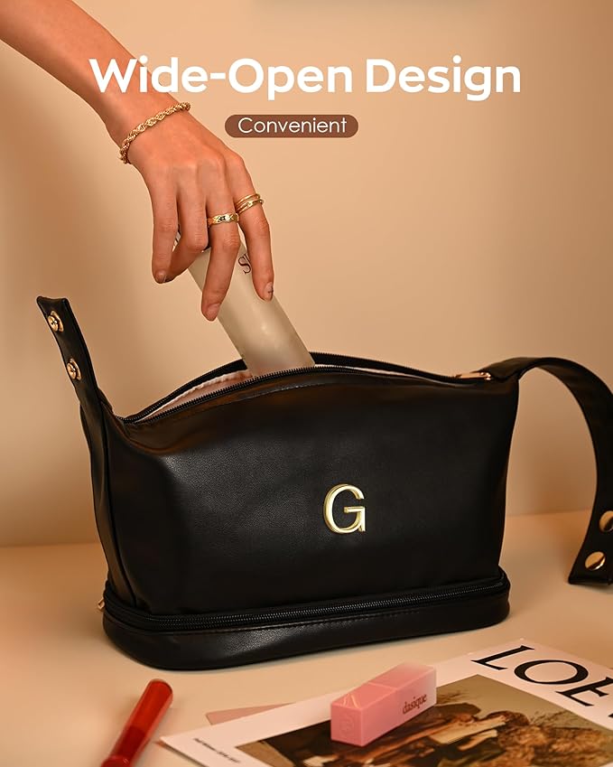 Personalized Gifts for Women, Gift for Teens Makeup Bag with Handle, Double Layer Cosmetic Bag with Makeup Brush Organizer, PU Leather Travel Toiletry Bag, Gifts for Friends Female Mom