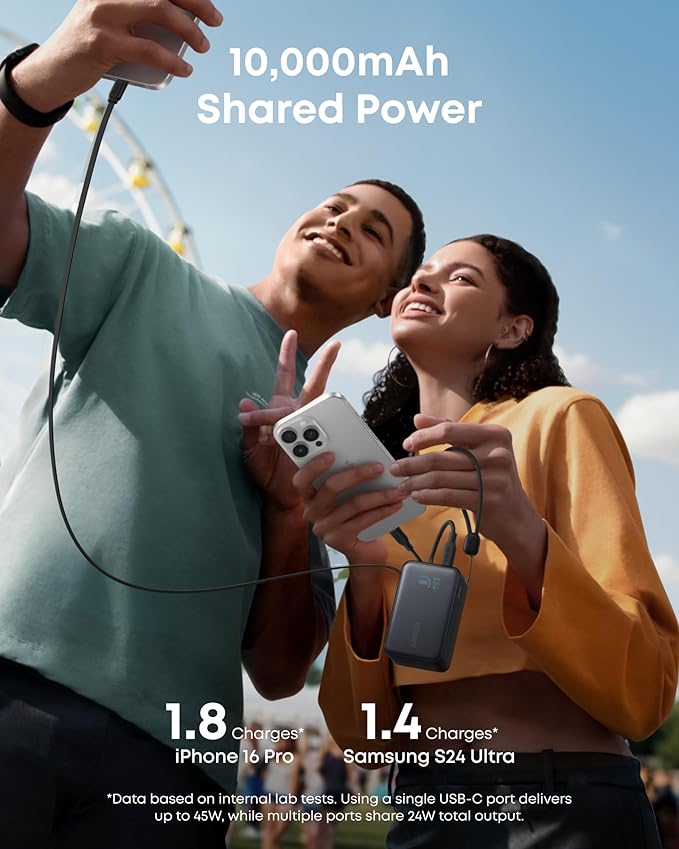 Anker Nano Power Bank, 10,000mAh Portable Charger with 2.3 ft InstaCord Retractable Cable, 45W Max Compact Battery Pack, Smart Display, for iPhone 16/17 Series, iPad, Galaxy, Pixel, and More