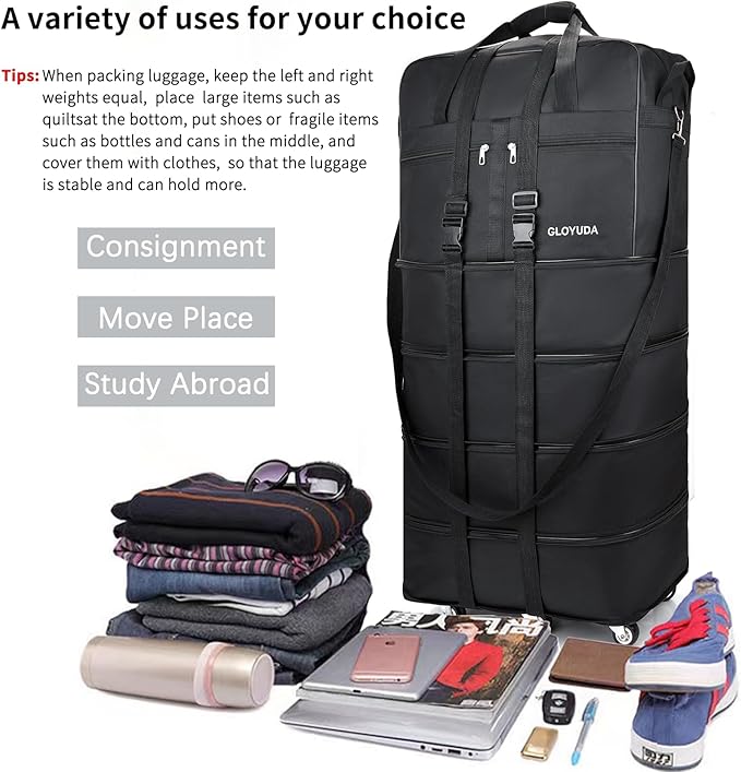 Expandable Foldable Luggage, 42'' Suitcase With Spinner Wheels, Rolling Duffle Bag with Wheels and Handle, Collapsible Luggage With 2 Handle Wrap and 2Fixing Straps1Shoulder Strap (Jet Black)
