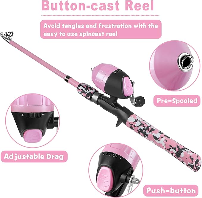 PLUSINNO Kids Fishing Pole with Spincast Reel Telescopic Fishing Rod Combo Full Kits for Boys, Girls, and Adults