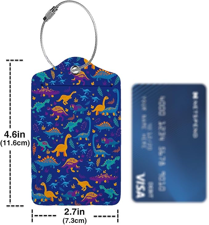 Funny Dinosaurs and Trees 2 Pack Luggage Tag for Suitcase, Leather Bag Tags Identifiers Privacy Cover ID Label with Steel Loop for Women Men Kids Girls Travel