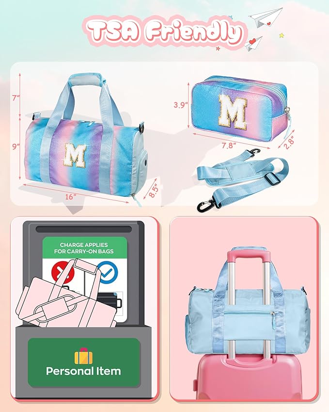 Gift Ideas for Kids Girls-Girl Gym Bag with Shoe Compartment, Kid Personalized Weekender Overnight Bags, Initial Travel Tote with Makeup Pouch, Graduation Gifts Granddaughter (Letter N)