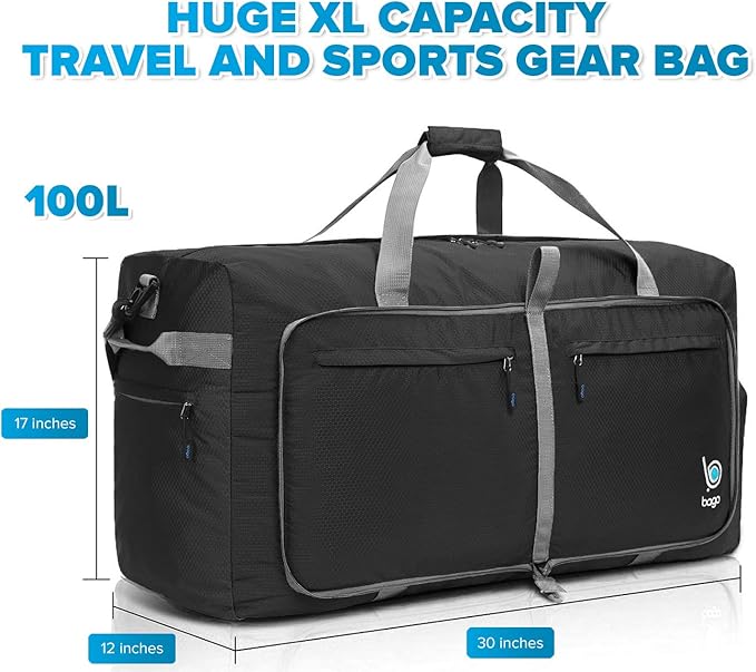 Bago Large Foldable Duffel Bags for Traveling Women & Men - 100L Packable Duffle Bag for Travel with Shoe Compartment - Water Repellant, Heavy Duty, Lightweight Folding & Collapsible (Black)