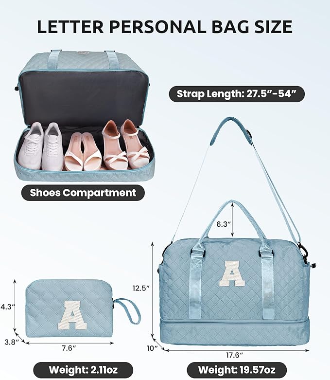 Personalized Gifts-Initial Overnight Bag with Shoe Compartment, Personalized Weekender Bag, Monogram Overnight Bag, Letter Travel Bag with Makeup Bag，Birthday Gift For Women Girl (Letter Q)