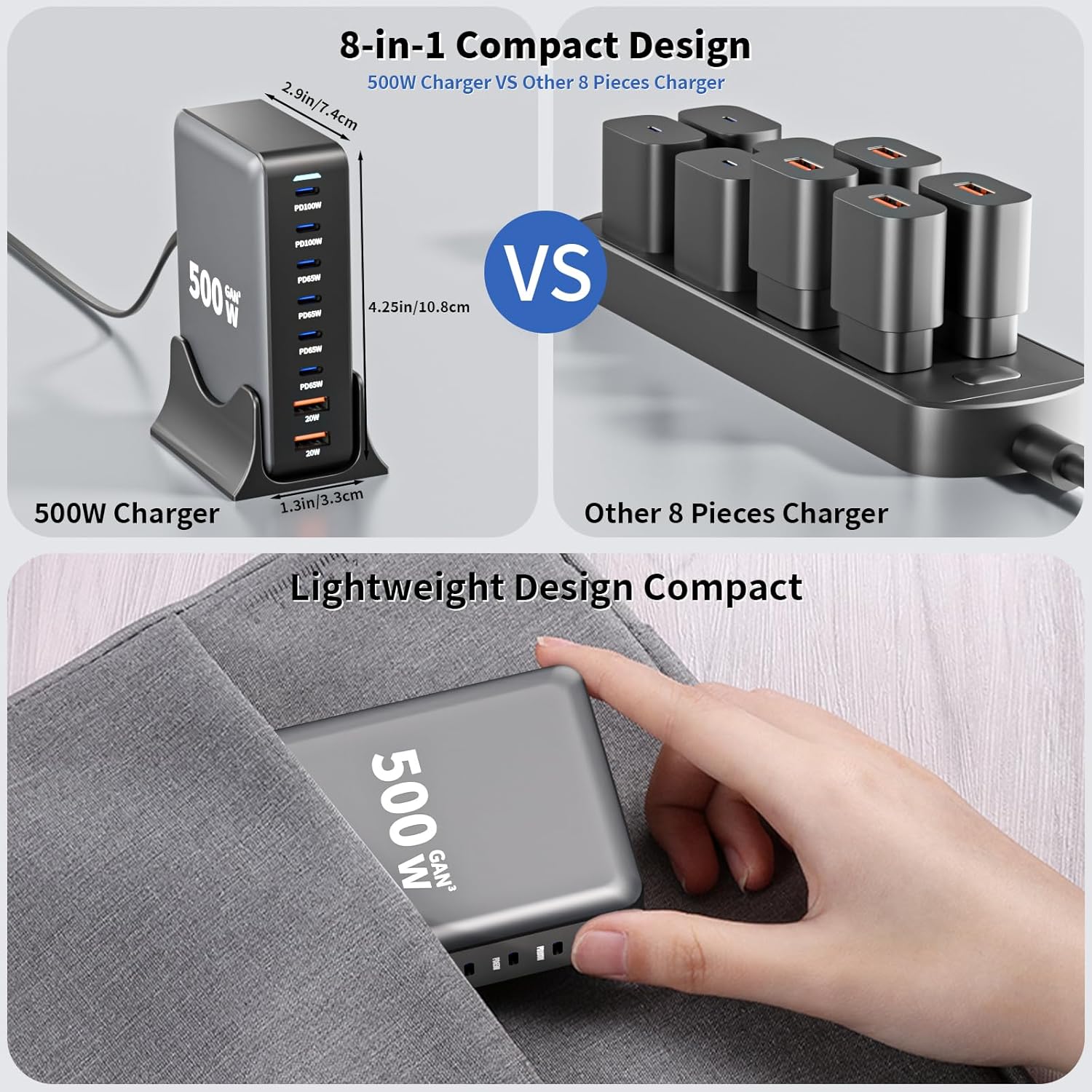 USB C Charger Block, 500W GaN 8 Port USBC Charging Station USB Hub Block Cube with PD3.0 Type C & USB A Wall Charger Power Adapter for Multiple Devices Apple iPhone 17/16/15,MacBook Pro/Air,iPad-Black