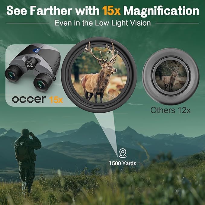 15x30 Compact Binoculars for Adults and Kids - Occer Large View High Powered Binoculars for Bird Watching - Lightweight Easy Focus Binocular with Low Light Vision for Outdoor Hunting Travel - Black