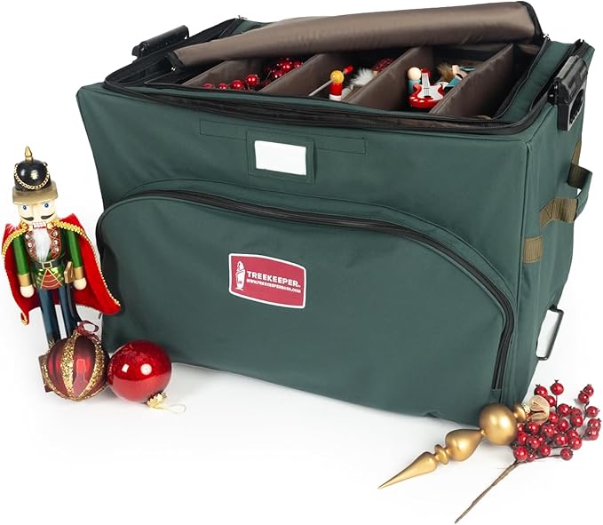 TreeKeeper Stack & Lock™ Green Christmas Ornament Storage Box Holds 72 Ornaments up to 4" Diameter, 3 Removable Trays with Separators, Top Pocket
