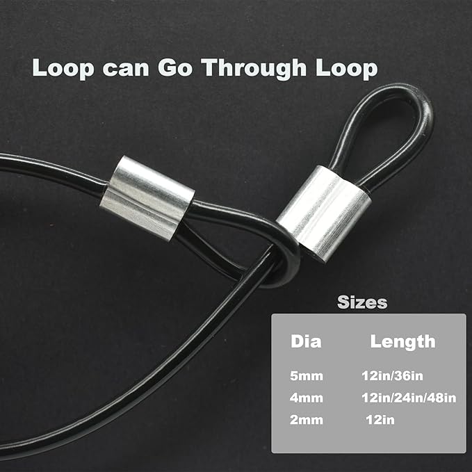 5 Pcs 5mm Wire 36 inch Vinyl Coated Stainless Steel Cable with Loops Short Wire Rope Lanyard Lock Security Chain Link for Outdoor Gates, Black(5mm x 36inch)